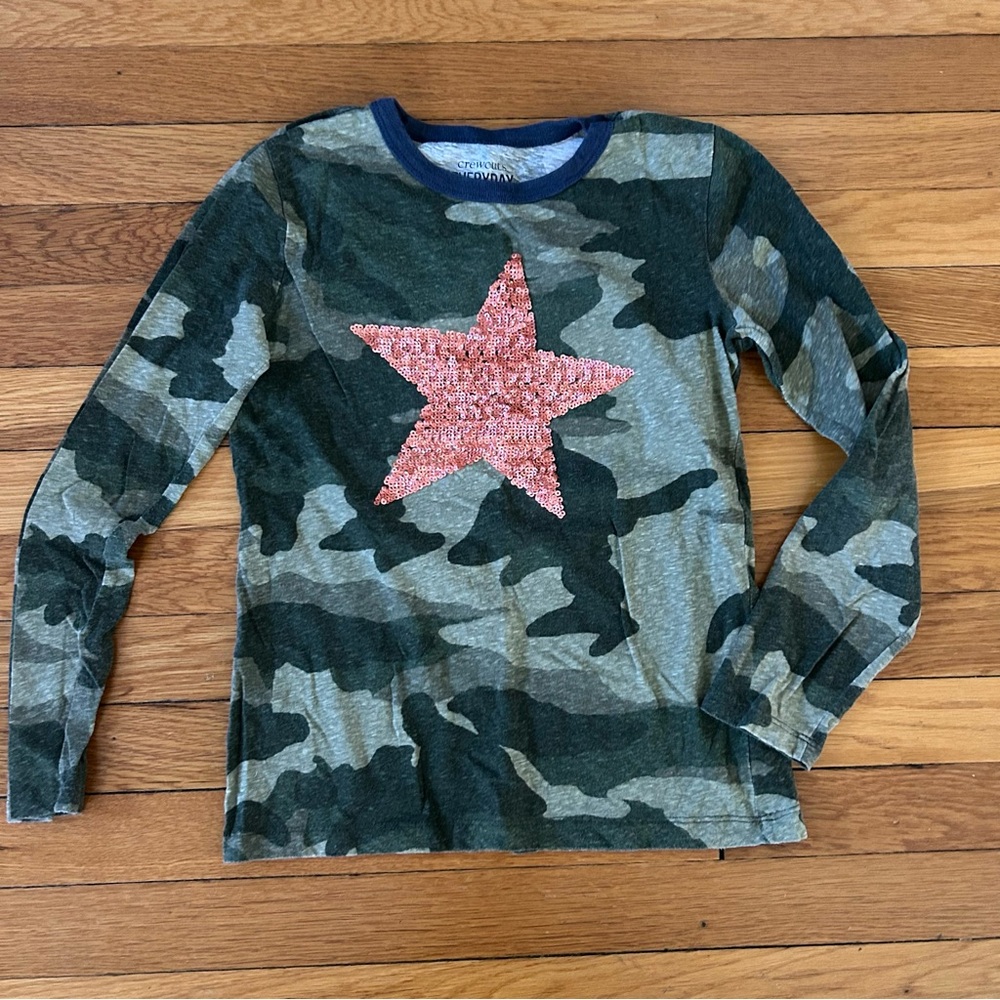 Crewcuts long-sleeve camouflage size 12 girls top with rose gold sequin star